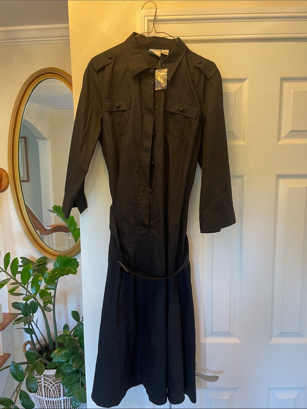Newport News Black Shirtwaist Midi Dress with Tie Belt